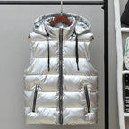 Men's High-Shine Quilted Hooded Gilet for Layering - Silver A