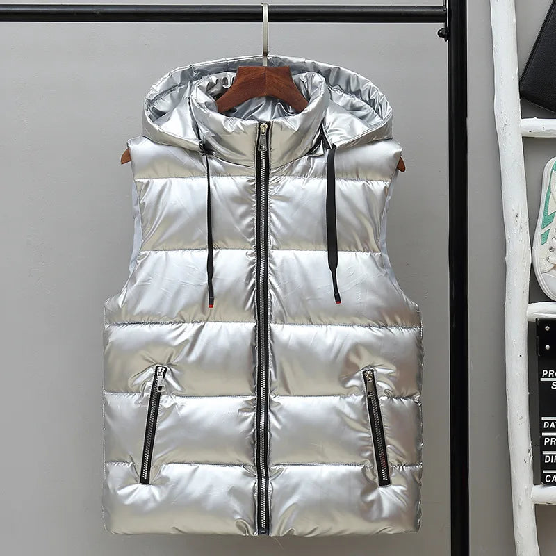 Men's High-Shine Quilted Hooded Gilet for Layering - Silver A