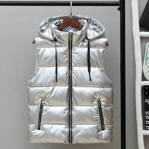 Men's High-Shine Quilted Hooded Gilet for Layering - Silver A