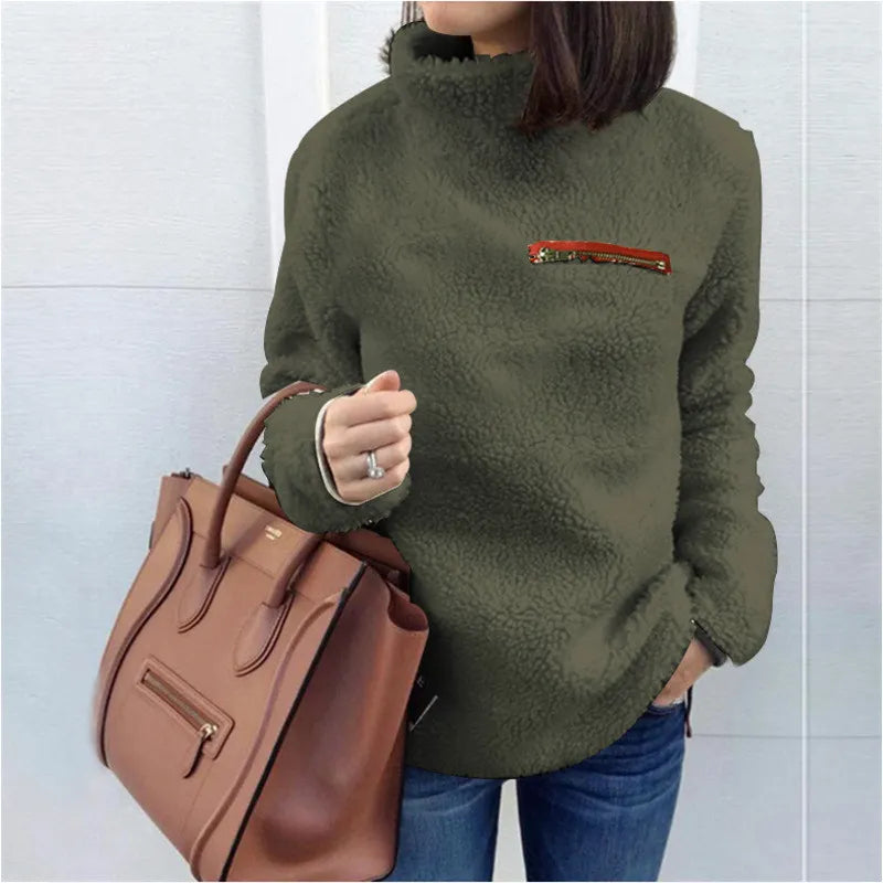 Women's High-Neck Teddy Jumper with Contrast Chest Pocket - Olive Green