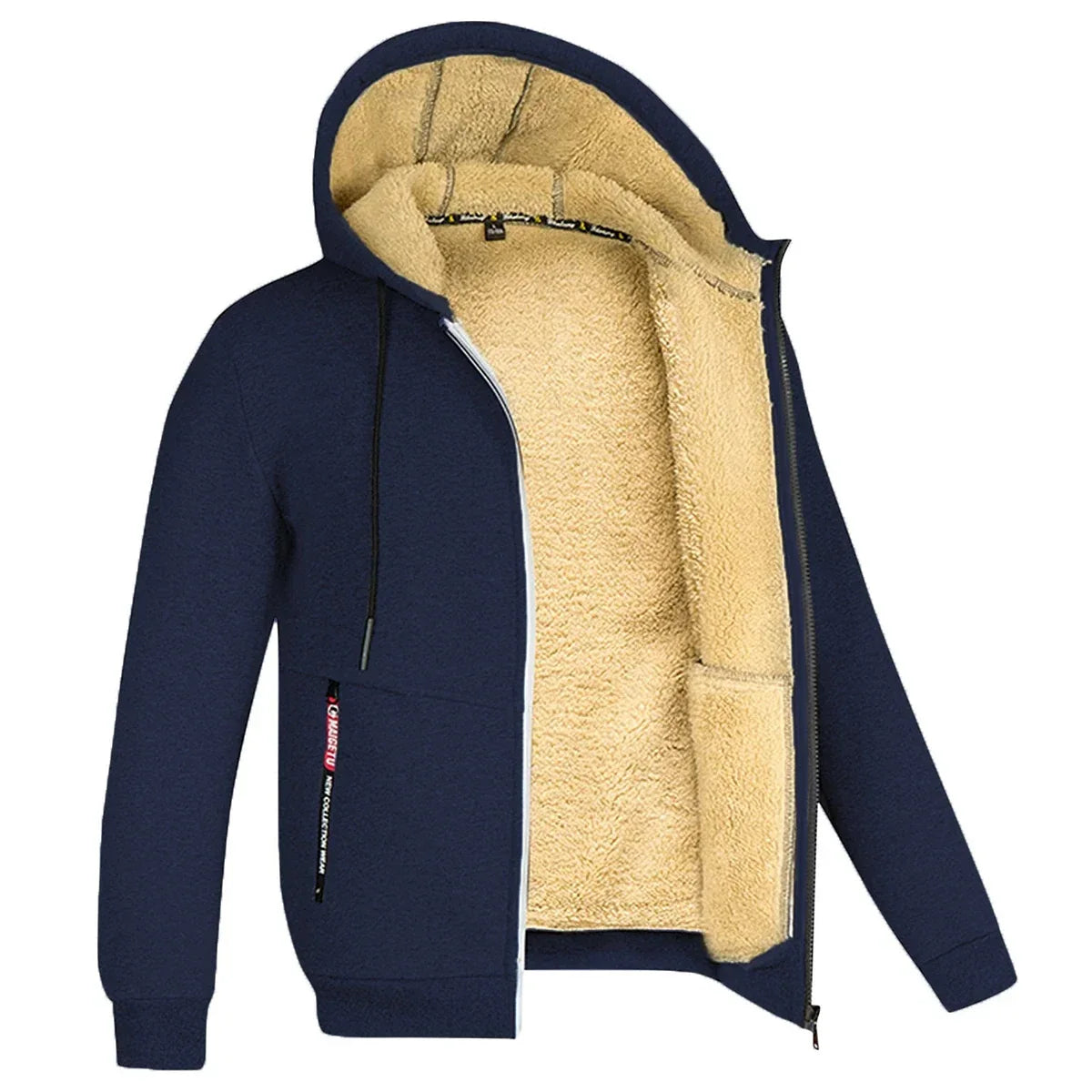 Men's Plush Fleece Full-Zip Hoodie with Ribbed Hem - Navy
