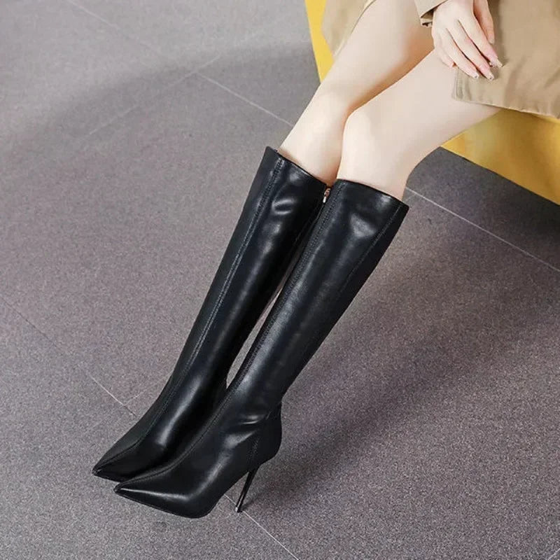 Women's Faux Leather Party Boots with Slender Stiletto Heel