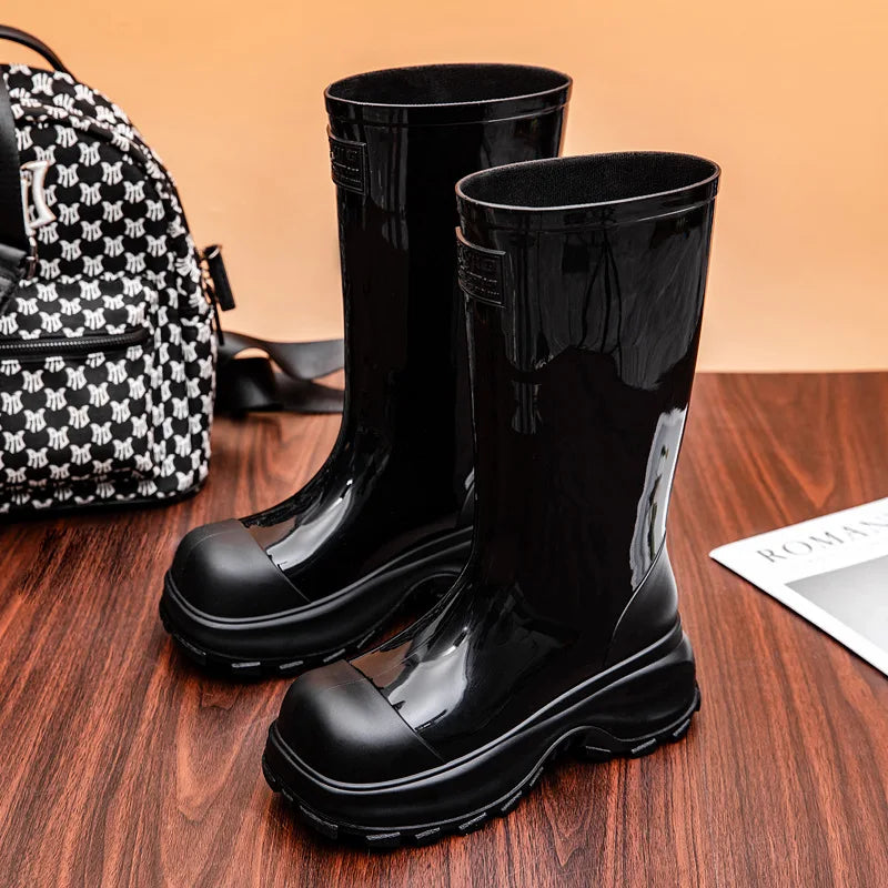Women's High-Shine Tall Wellies with Grip Tread Sole - Black