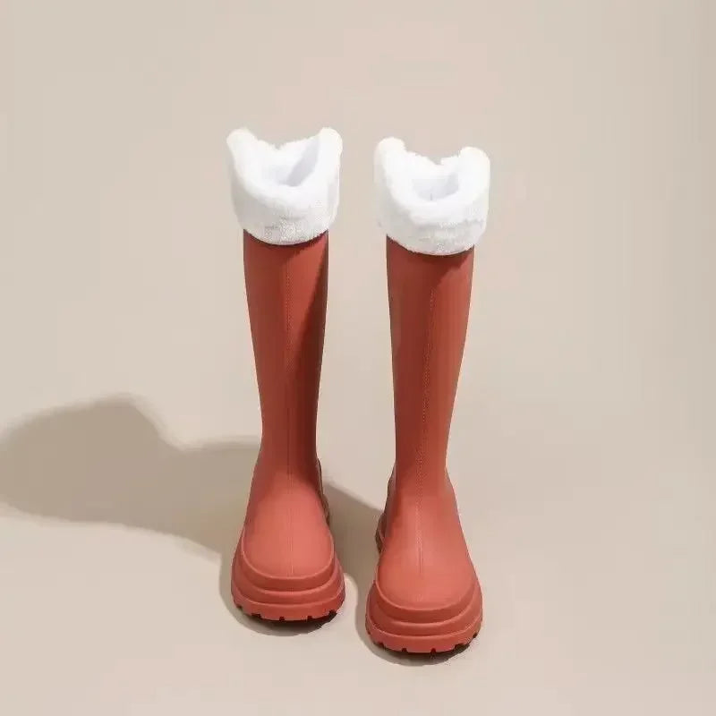 Women's Warm Lined Rubber Wellies with Optional Faux Fur Trim - Orange Fur Trim