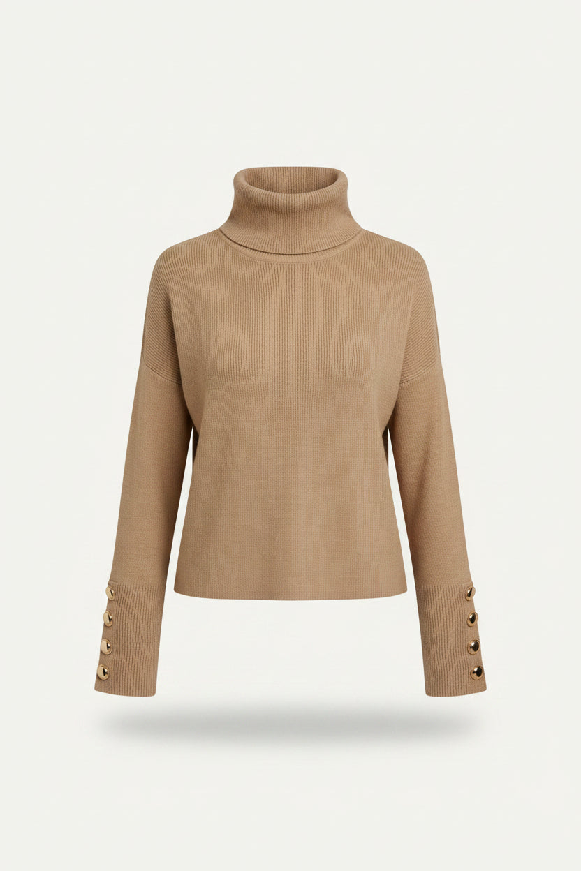 Women's Ribbed Polo Neck Jumper with Buttoned Sleeves - Light Brown