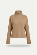 Women's Ribbed Polo Neck Jumper with Buttoned Sleeves - Light Brown
