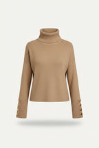 Women's Ribbed Polo Neck Jumper with Buttoned Sleeves - Light Brown