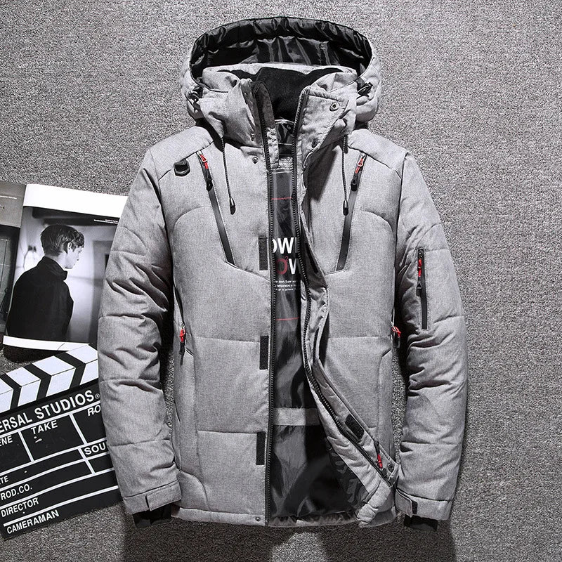 Men's Trim Hooded Down Jacket with Covered Zip and Sleeve Pocket - Light Grey