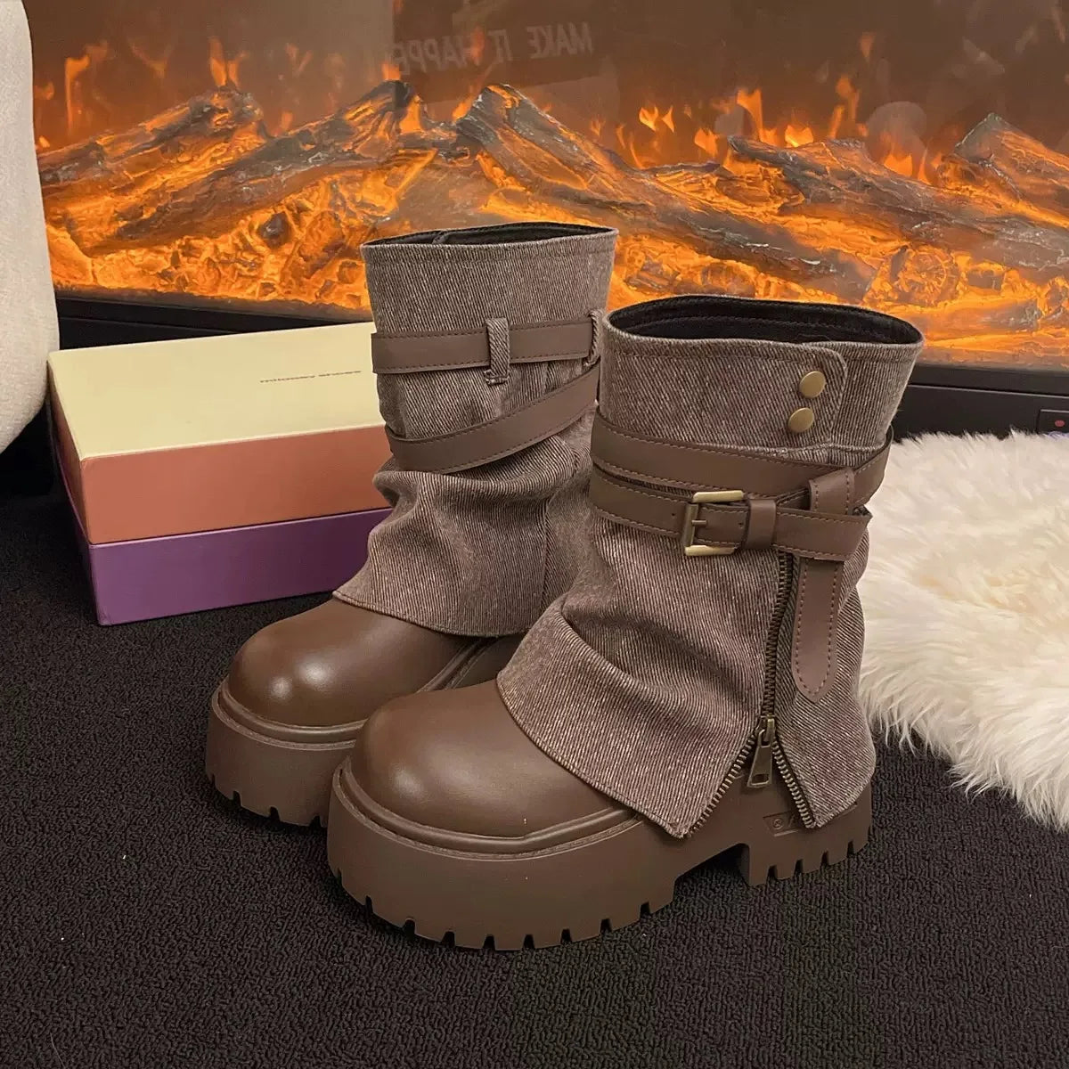 Women's Textured-Shaft Lugged Platform Ankle Boots with Buckle Straps - Brown