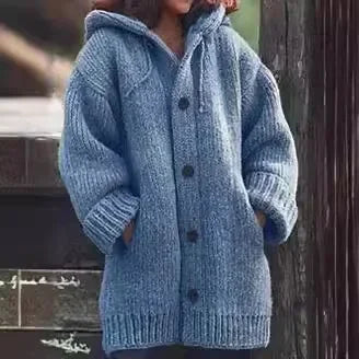 Women's Oversized Dropped-Shoulder Hooded Cardigan in Chunky Knit - Blue