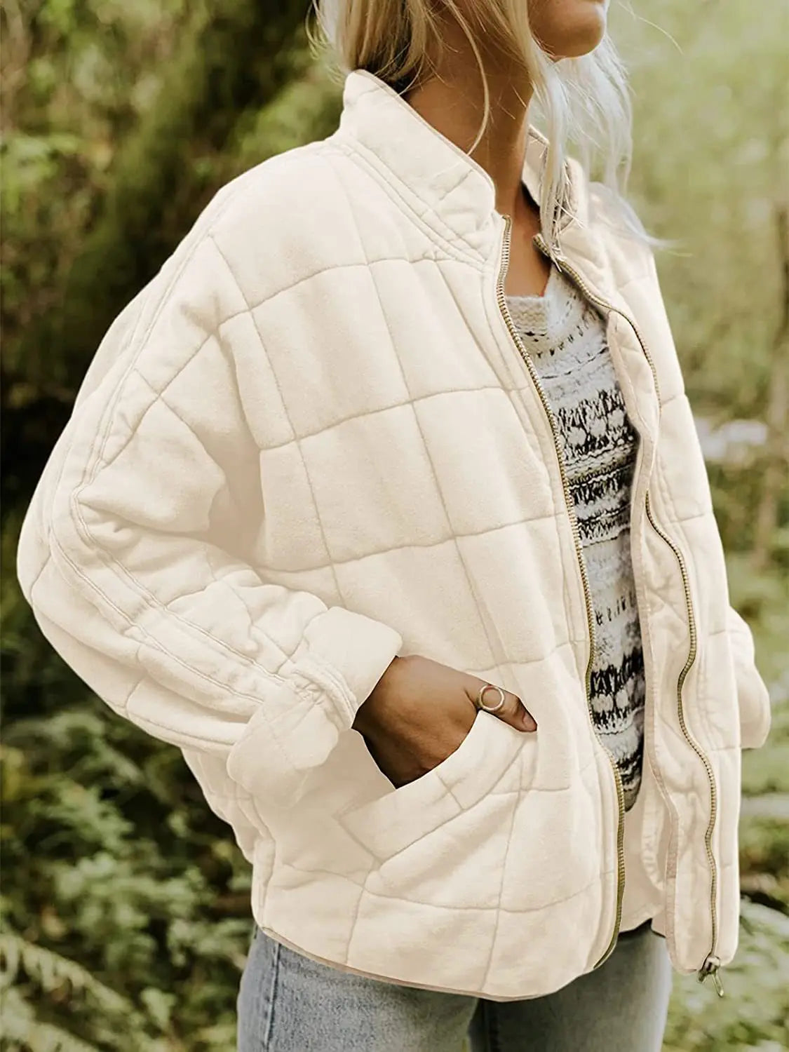 Women's Geometric-Stitch Padded Puffer with High Collar