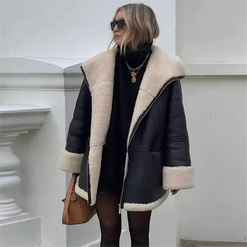 Women's Shearling-Style Lined Faux Leather Jacket with Turn-Back Cuffs