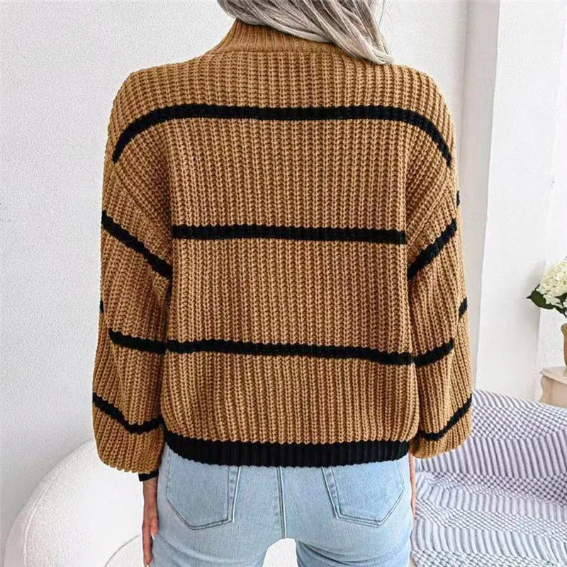 Women's Wide-Stripe High Neck Jumper in Chunky Soft Knit