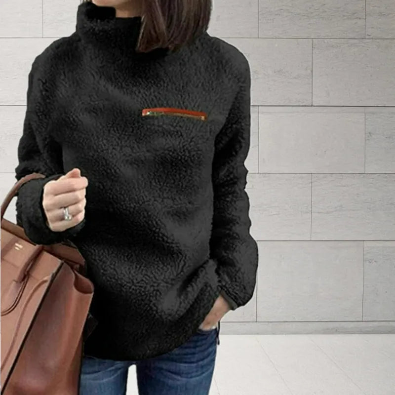 Women's High-Neck Teddy Jumper with Contrast Chest Pocket - Black