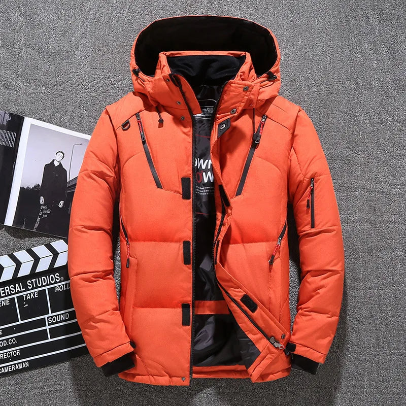 Men's Trim Hooded Down Jacket with Covered Zip and Sleeve Pocket - Orange