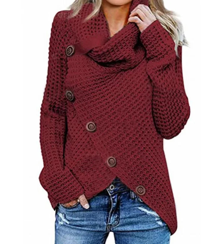 Women's Cowl Neck Chunky Jumper with Button Detail and Uneven Hem - Wine Red