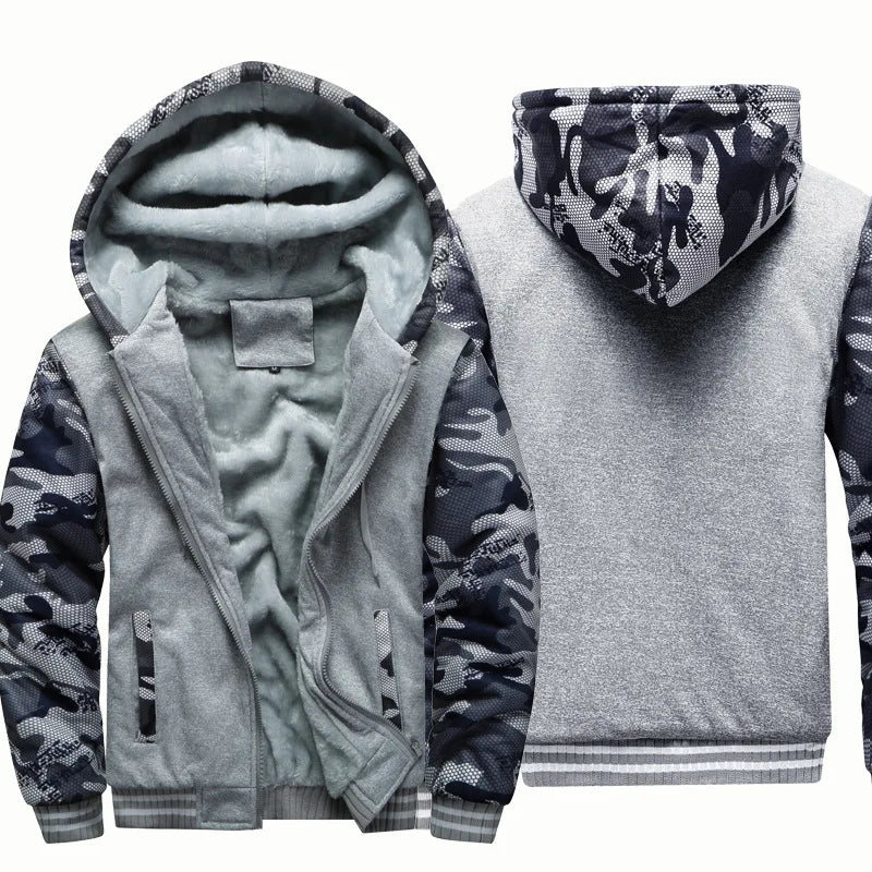 Men's Plush Fleece Full-Zip Hoodie with Ribbed Hem - Grey Camo Sleeve