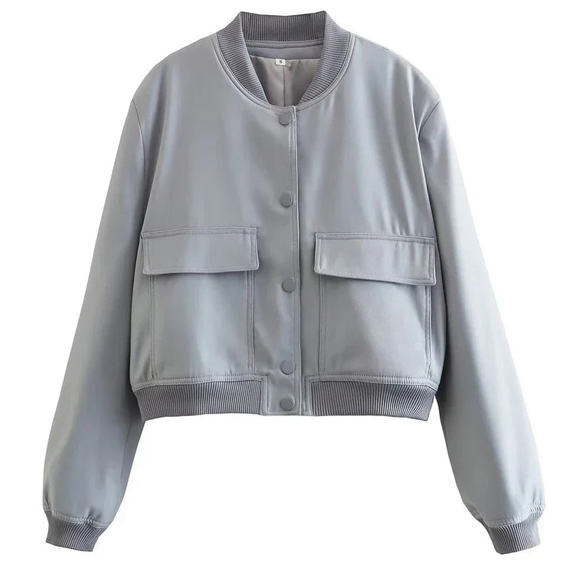 Women's Easy-Fit Snap-Button Bomber with Ribbed Edges - Grey