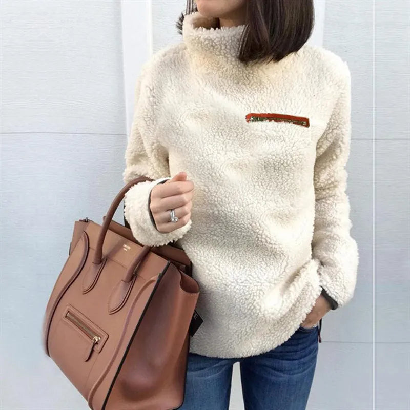 Women's High-Neck Teddy Jumper with Contrast Chest Pocket - Cream