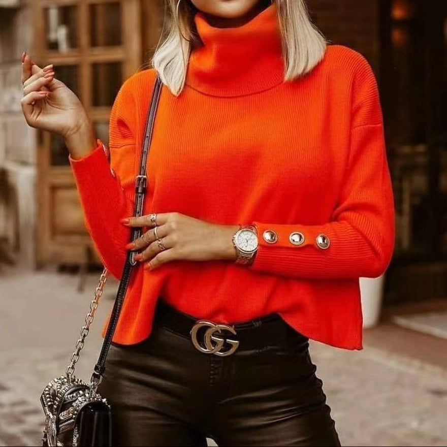 Women's Ribbed Polo Neck Jumper with Buttoned Sleeves - Orange