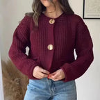 Women's Statement-Button Cropped Knit Cardigan with Round Neck