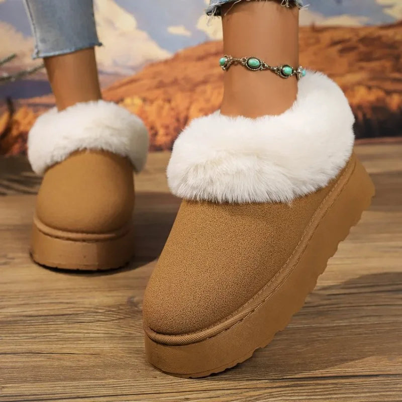 Women's Faux Suede Pull-On Winter Boots with Cosy Plush Cuff - Brown