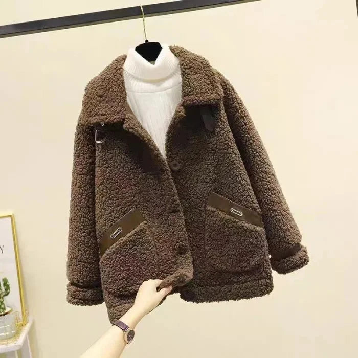 Women's Contrast-Trim Teddy Jacket with Buckled Aviator Collar - Brown