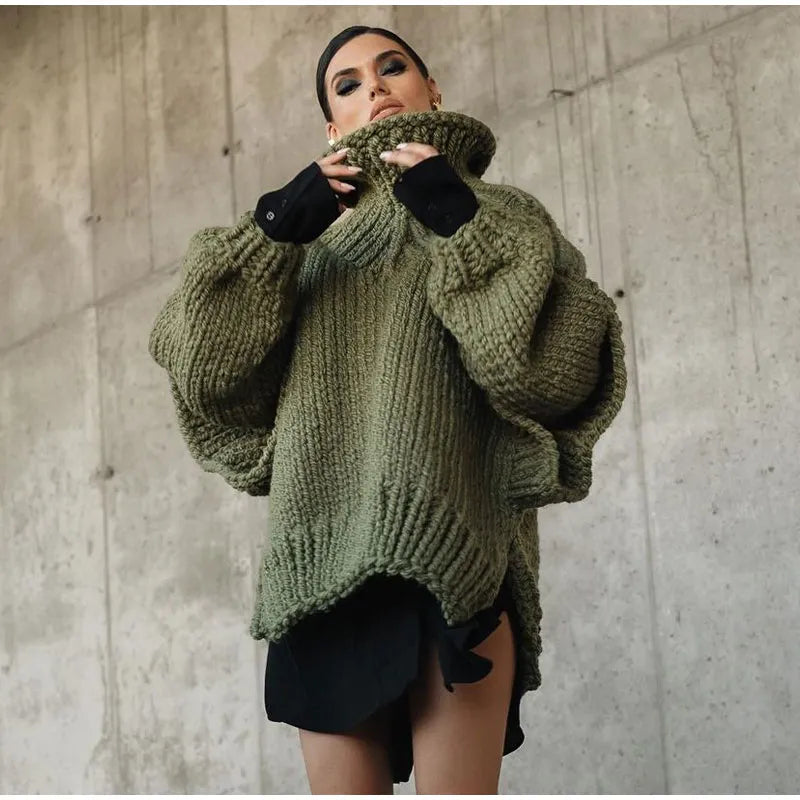 Women's Oversized Chunky Polo Neck Jumper with Ribbed Hem - Olive Green