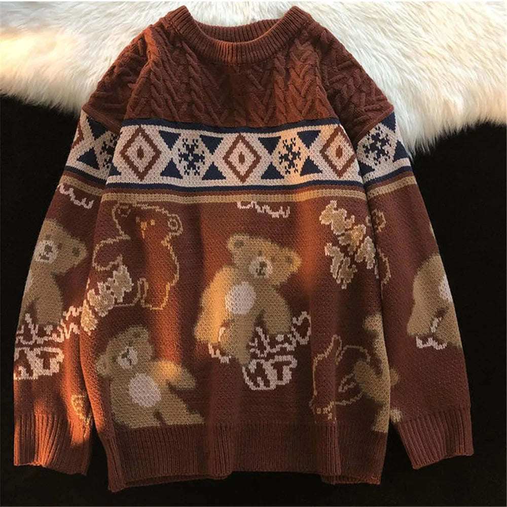 Women's Teddy Bear Print Crew Neck Jumper with Cable Detail - Brown