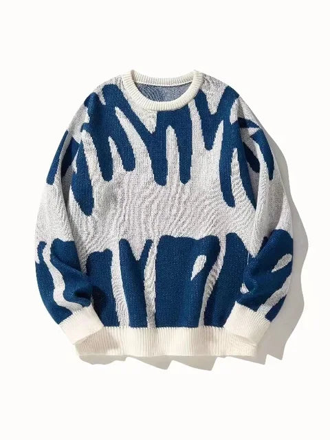 Men's Classic Knit Round Neck Jumper with Long Sleeves - White Blue