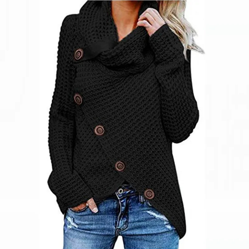 Women's Cowl Neck Chunky Jumper with Button Detail and Uneven Hem - Black