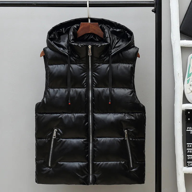 Men's High-Shine Quilted Hooded Gilet for Layering - Black