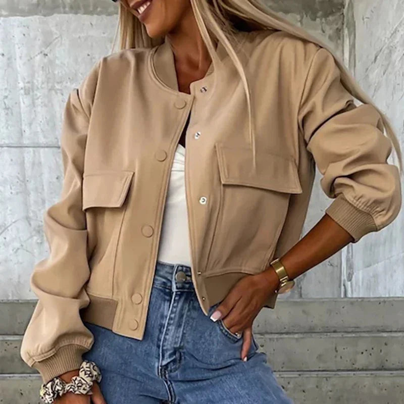 Women's Easy-Fit Snap-Button Bomber with Ribbed Edges