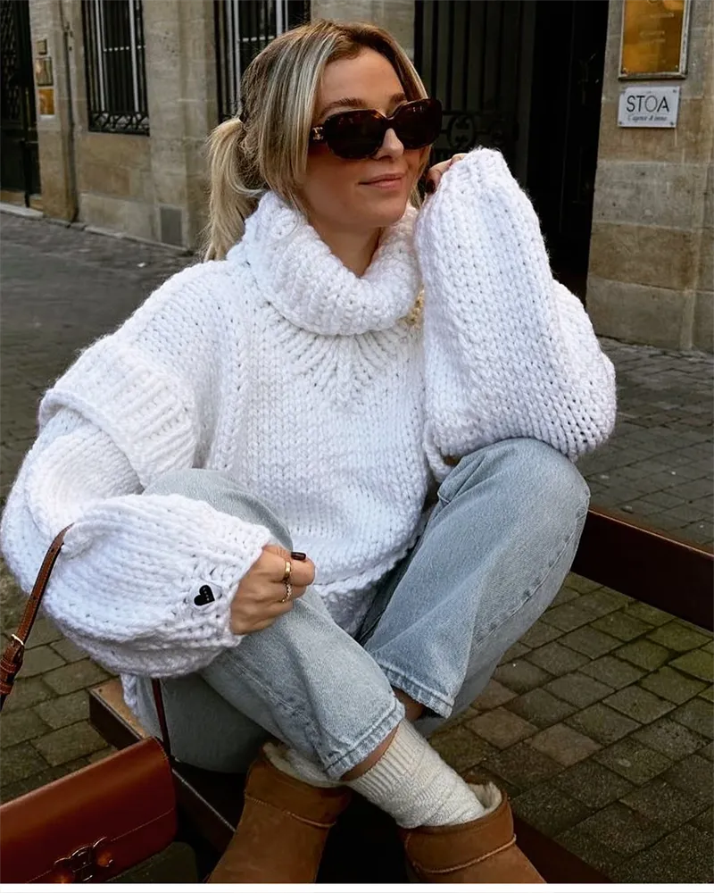 Women's Oversized Chunky Polo Neck Jumper with Ribbed Hem - White