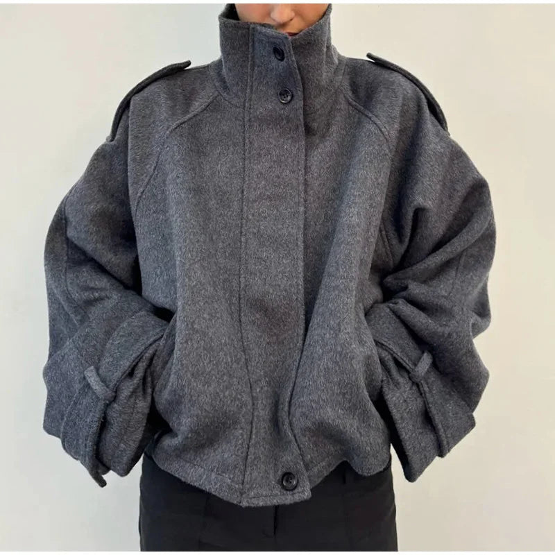 Women's Short Epaulette-Shoulder Jacket with Hidden Front Fastening - Dark Grey