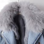 Women's Biker-Style Cropped Denim Jacket with Fluffy Cuffs and Belt