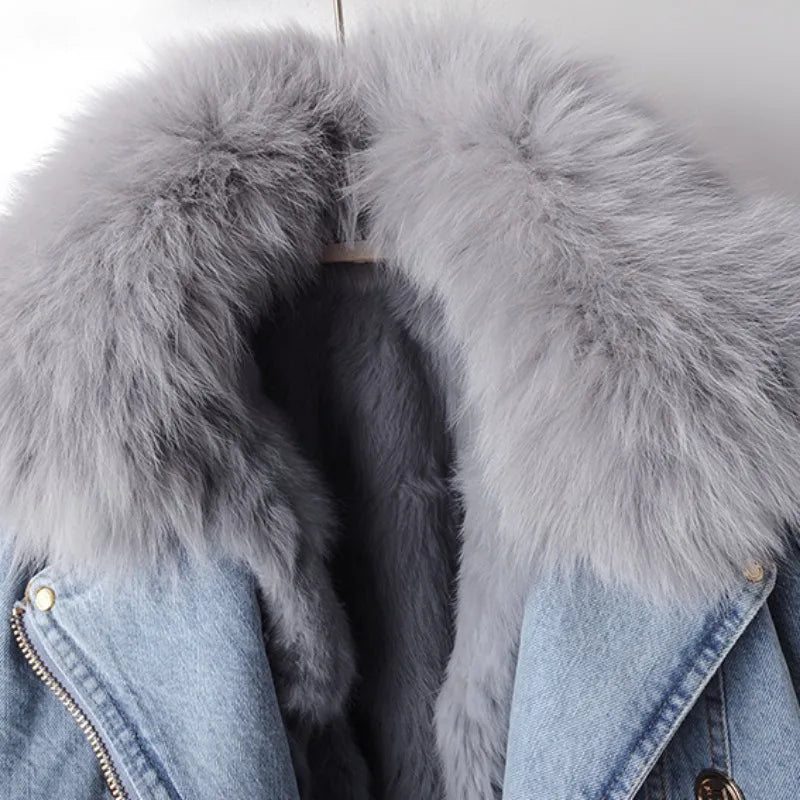 Women's Biker-Style Cropped Denim Jacket with Fluffy Cuffs and Belt
