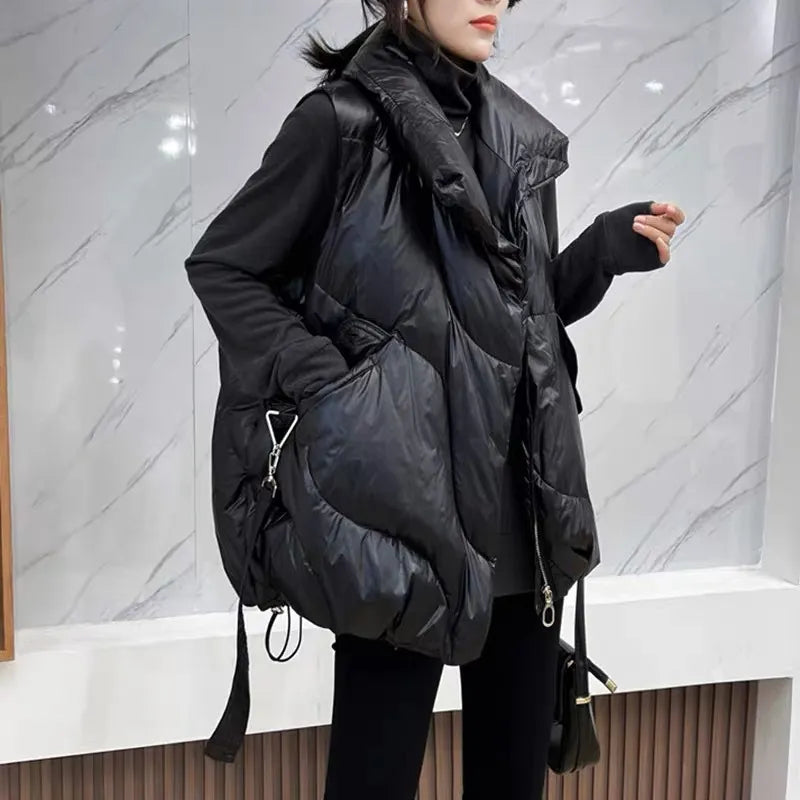 Women's Oversized Padded Gilet with Drawstring Hem and Subtle Sheen