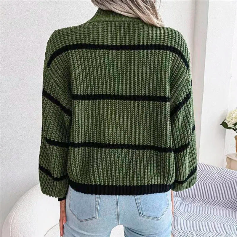 Women's Wide-Stripe High Neck Jumper in Chunky Soft Knit