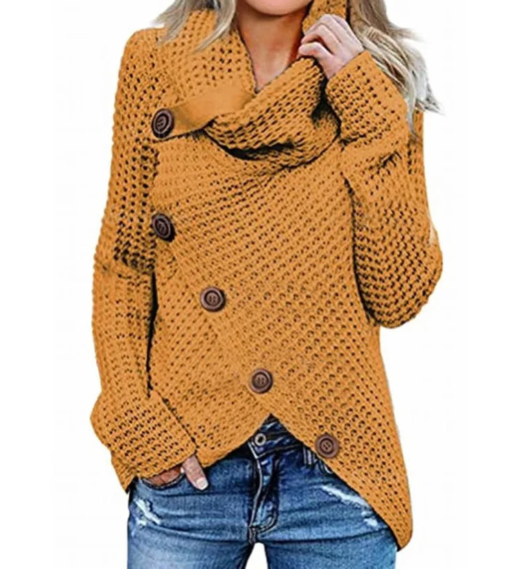 Women's Cowl Neck Chunky Jumper with Button Detail and Uneven Hem - Yellow/Cream