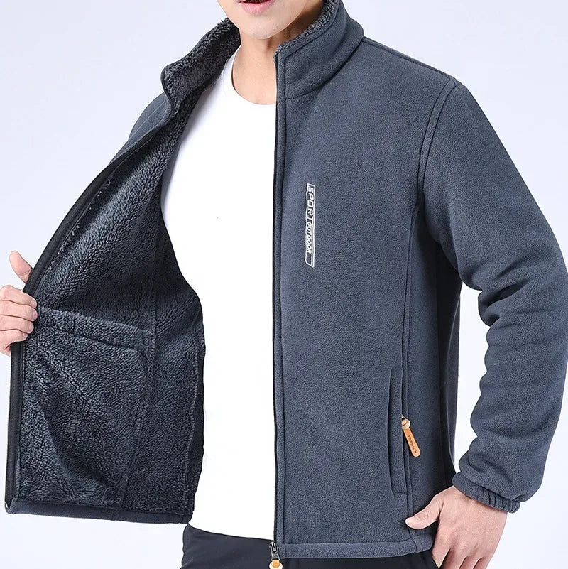 Men's Winter Polar Fleece Jacket with Raised Neck and Zip Pockets - Grey