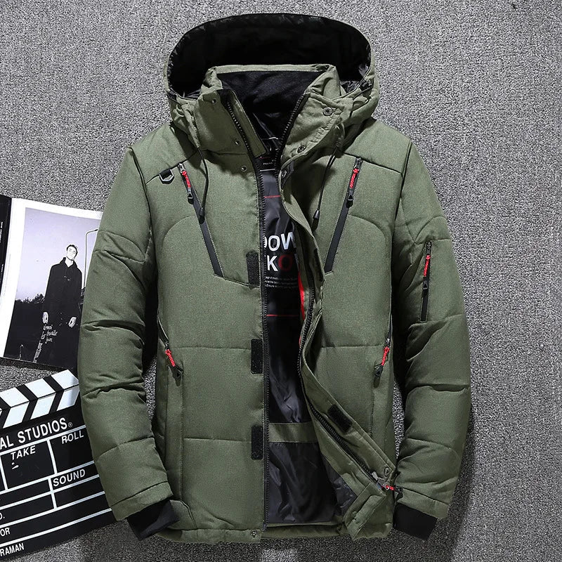 Men's Trim Hooded Down Jacket with Covered Zip and Sleeve Pocket - Olive Green