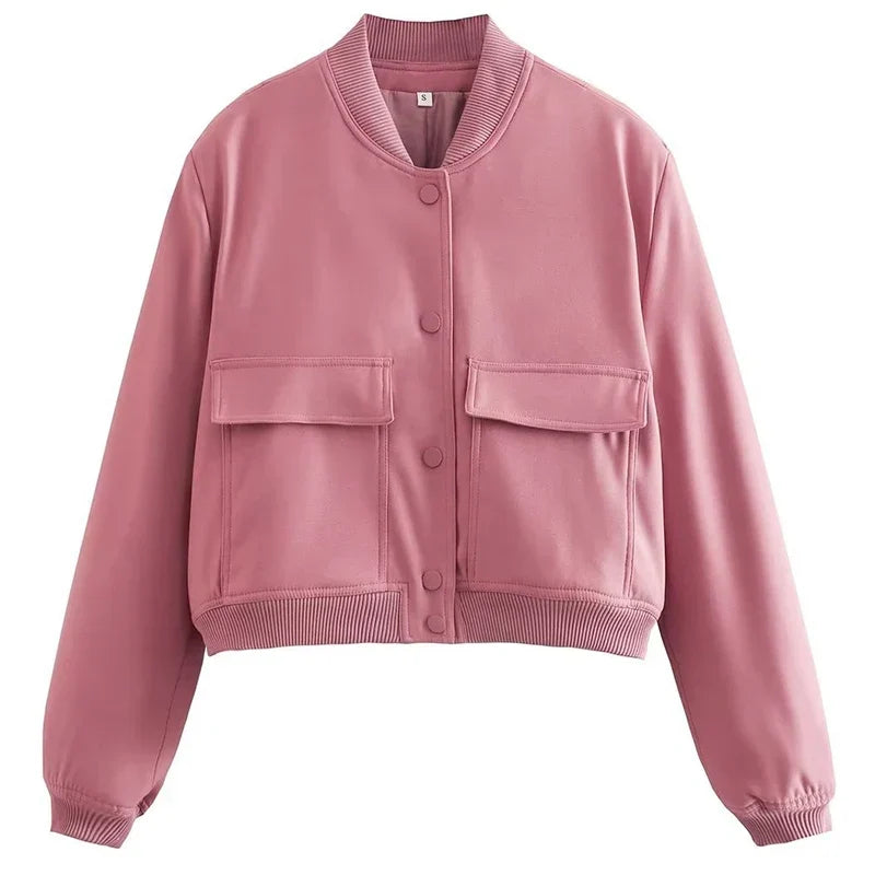 Women's Easy-Fit Snap-Button Bomber with Ribbed Edges - Pink