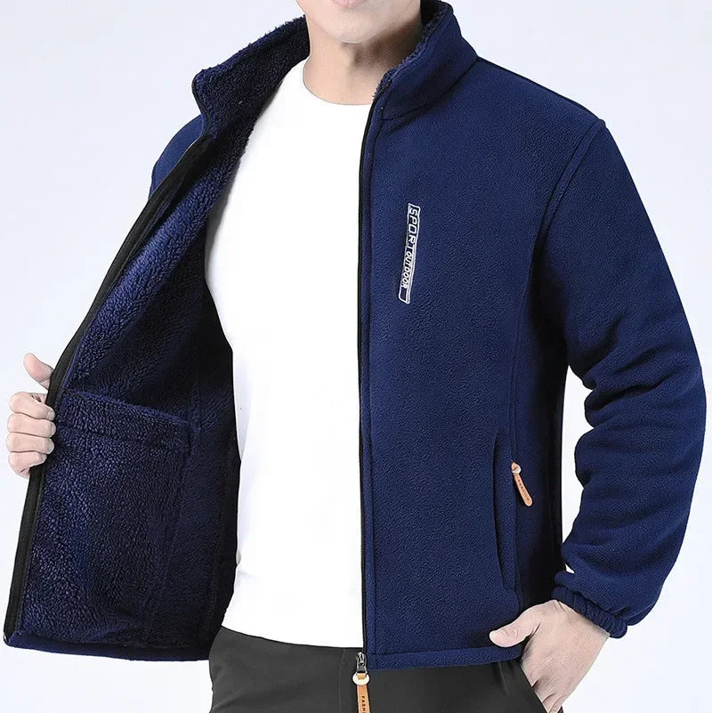 Men's Winter Polar Fleece Jacket with Raised Neck and Zip Pockets - Dark Blue