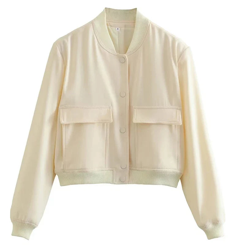 Women's Easy-Fit Snap-Button Bomber with Ribbed Edges - Off-White
