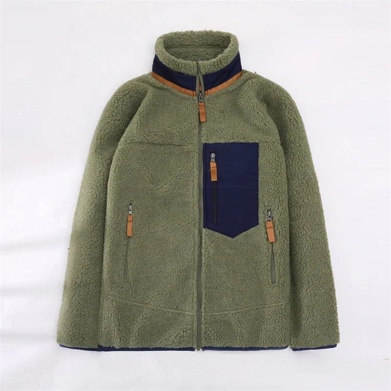 Women's Cosy Sherpa Walking Jacket with Zipped Contrast Pockets - Olive Green