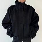 Women's Short Epaulette-Shoulder Jacket with Hidden Front Fastening - Black A