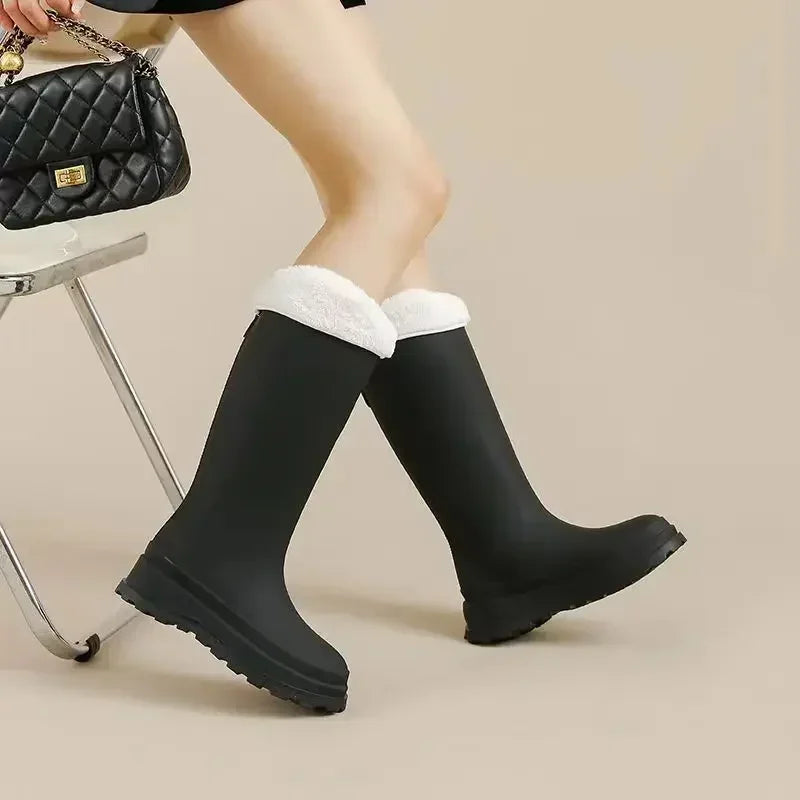 Women's Warm Lined Rubber Wellies with Optional Faux Fur Trim - Black Fur Trim