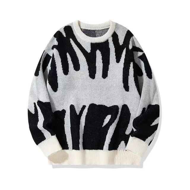 Men's Classic Knit Round Neck Jumper with Long Sleeves - White Black