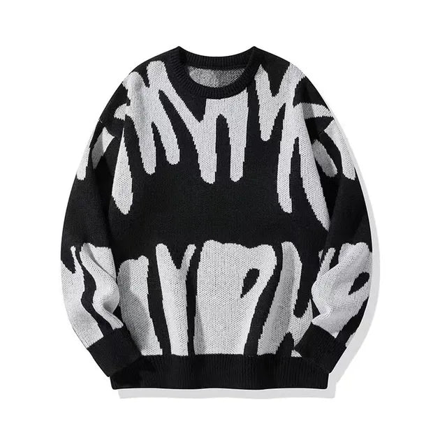 Men's Classic Knit Round Neck Jumper with Long Sleeves - Black White